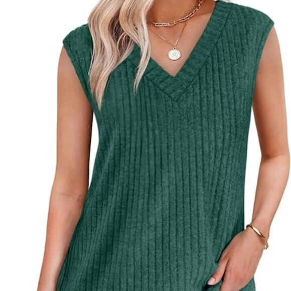 Dark Green V Neck Sleeveless Sweater - Picture 2 of 3